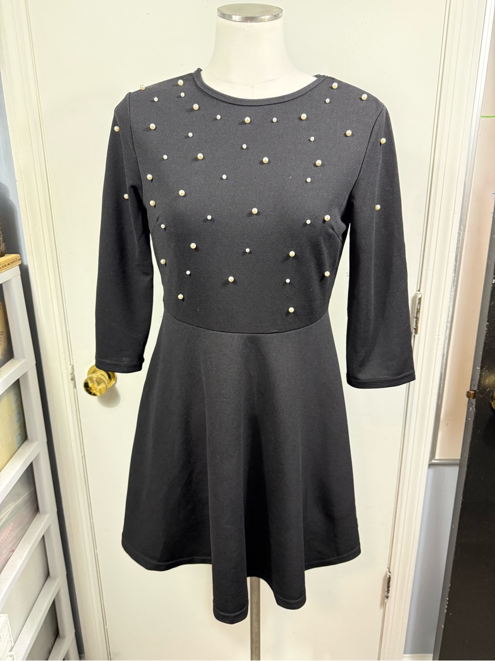 SHEIN Black Pearl-Embellished 3/4 Sleeve Fit & Flare Dress